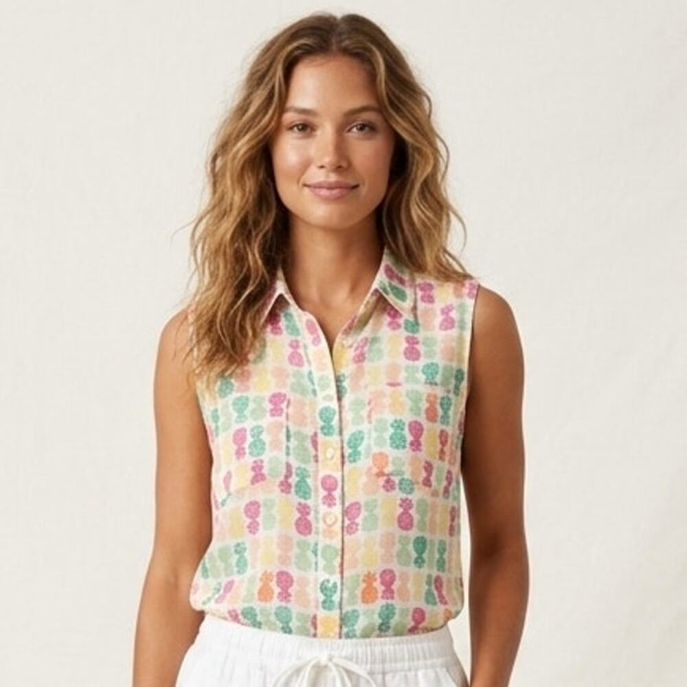 Talbots Pineapple Button Sleeveless Top Womens Small White Multicolor Casual